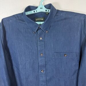 Orvis Shirt Mens 2XL Blue Button Down Outdoor Chambray Denim Dark Wash Pocket